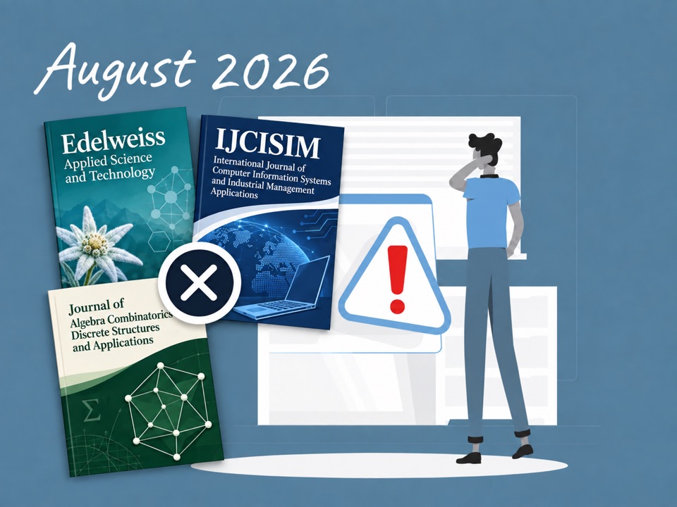 August 2026 Scopus discontinued journals: three illustrated journal covers and a warning symbol