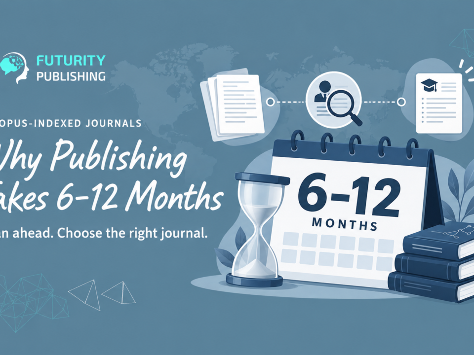 Scopus journal publication timeline illustrated with a calendar, hourglass and research papers: why publishing can take 6–12 months.